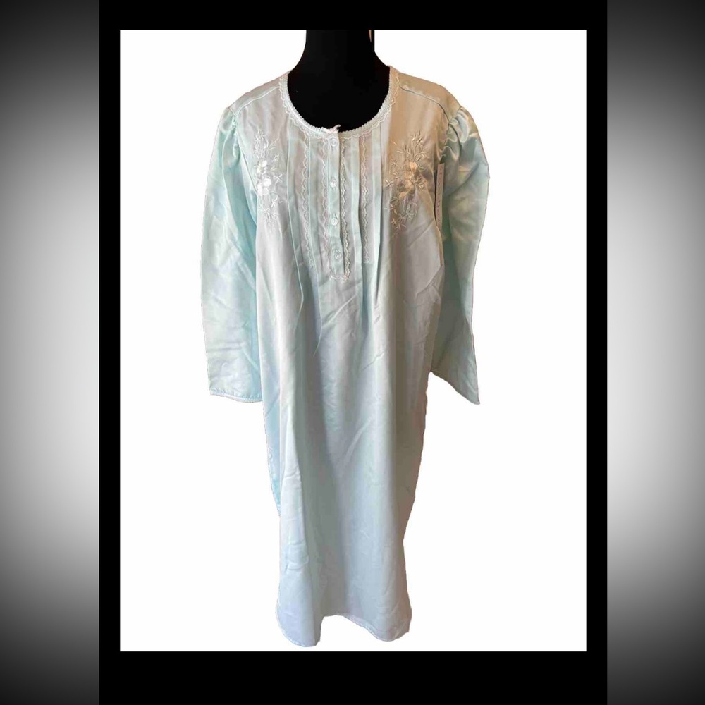 Miss Elaine NWT Midi Satin Flannel Blue Nightgown Large Embroidered